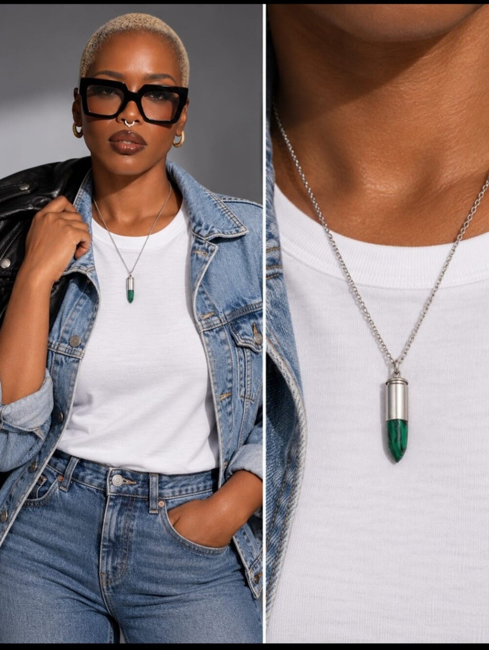9mm Nickel Bullet Pendant Necklace with Green Stone